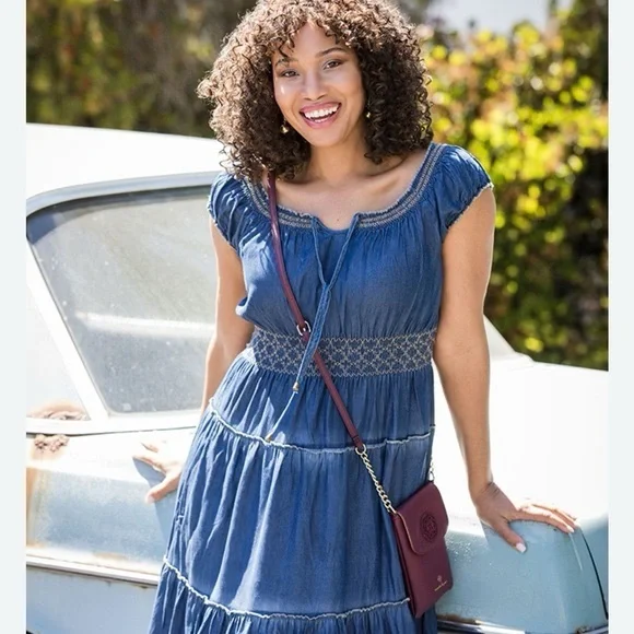 white christmas dresses Stretch Combo Fitted Denim Dress – bebe